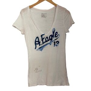 American Eagle Graphic Tee Shirt Womens Size M White Longline Varsity Y2K